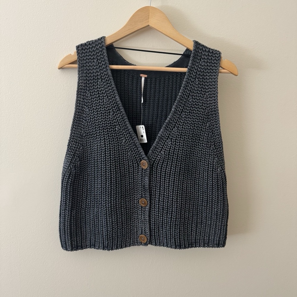 Free People Close To Me Cotton Cropped Sweater Vest 90s Academia Women's XL Gray